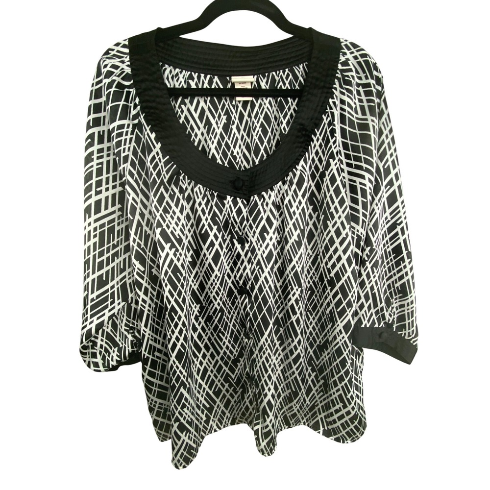 Covington Womens Blouse Top XL Black White Geometric Crosshatch Scoop Neck 3/4
